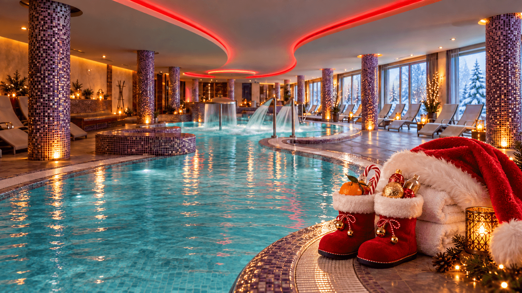 Mikuláscsizmák a Tó Wellness Hotel beltéri medencéje mellett – ünnepi illusztráció