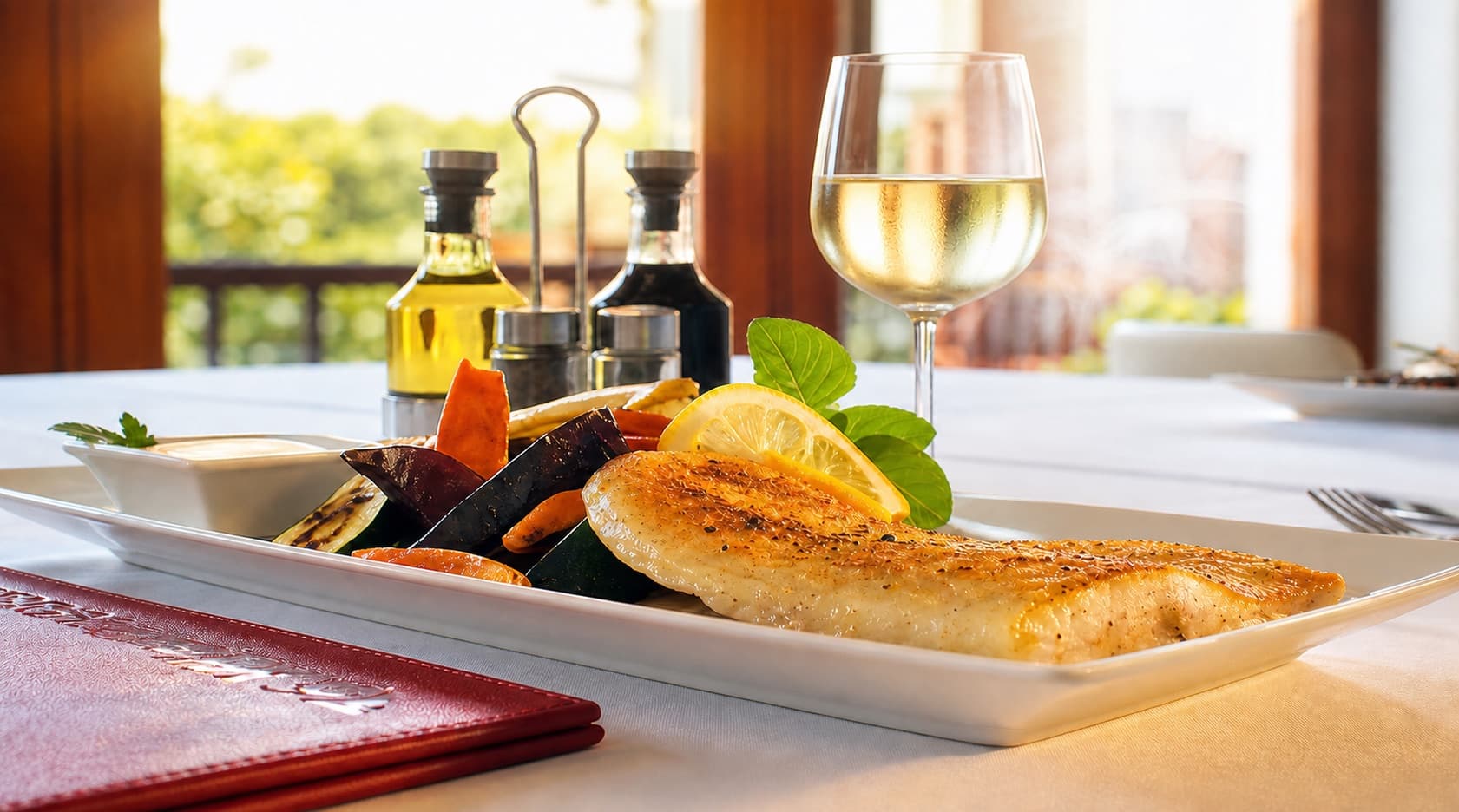 Grillezett halfilé grillzöldségekkel, pohár fehérborral a teraszon